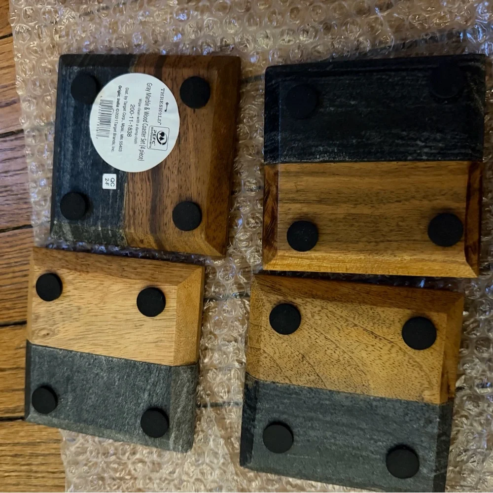 Threshold Gray Marble and Wood Coaster Set